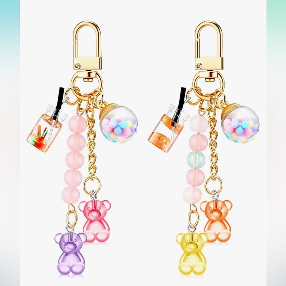 Kawaii cute Gummy bear boba tea and bubble gum keychain bag charm w/ gold clips